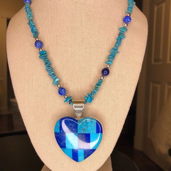 JAY KING DTR Turquoise Lapis Mosaic Inlay Heart Pendant Turquoise Lapis Necklace - Picture 8 of 13
